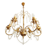 Messing vergoldet 6-Licht Kronleuchter Lampe Wasserfall Kristall 1950-1970
