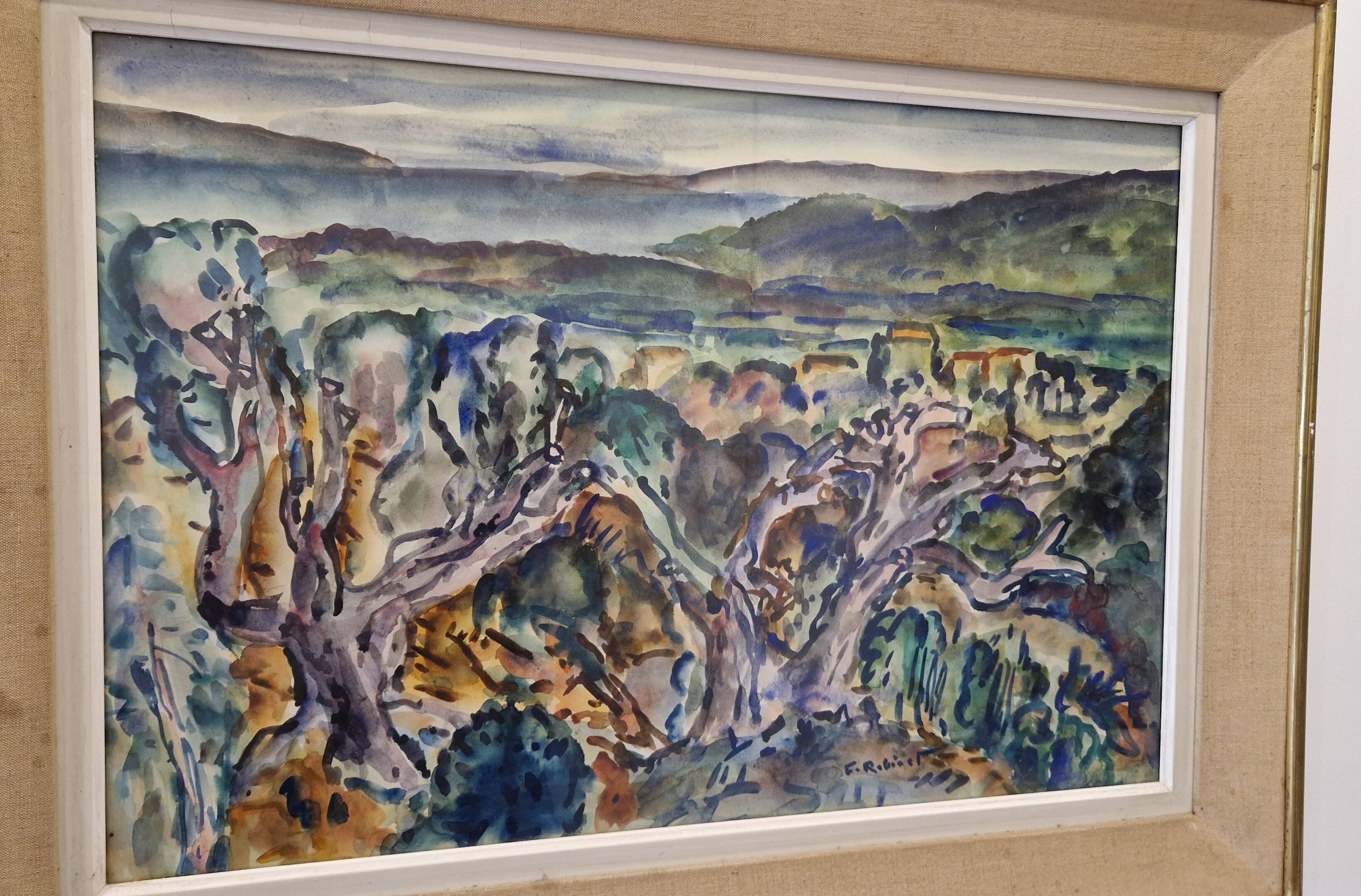 1950s gouache painting of the Mediterranean hinterland, framed, signed F Robinet
