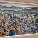 1950s gouache painting of the Mediterranean hinterland, framed, signed F Robinet