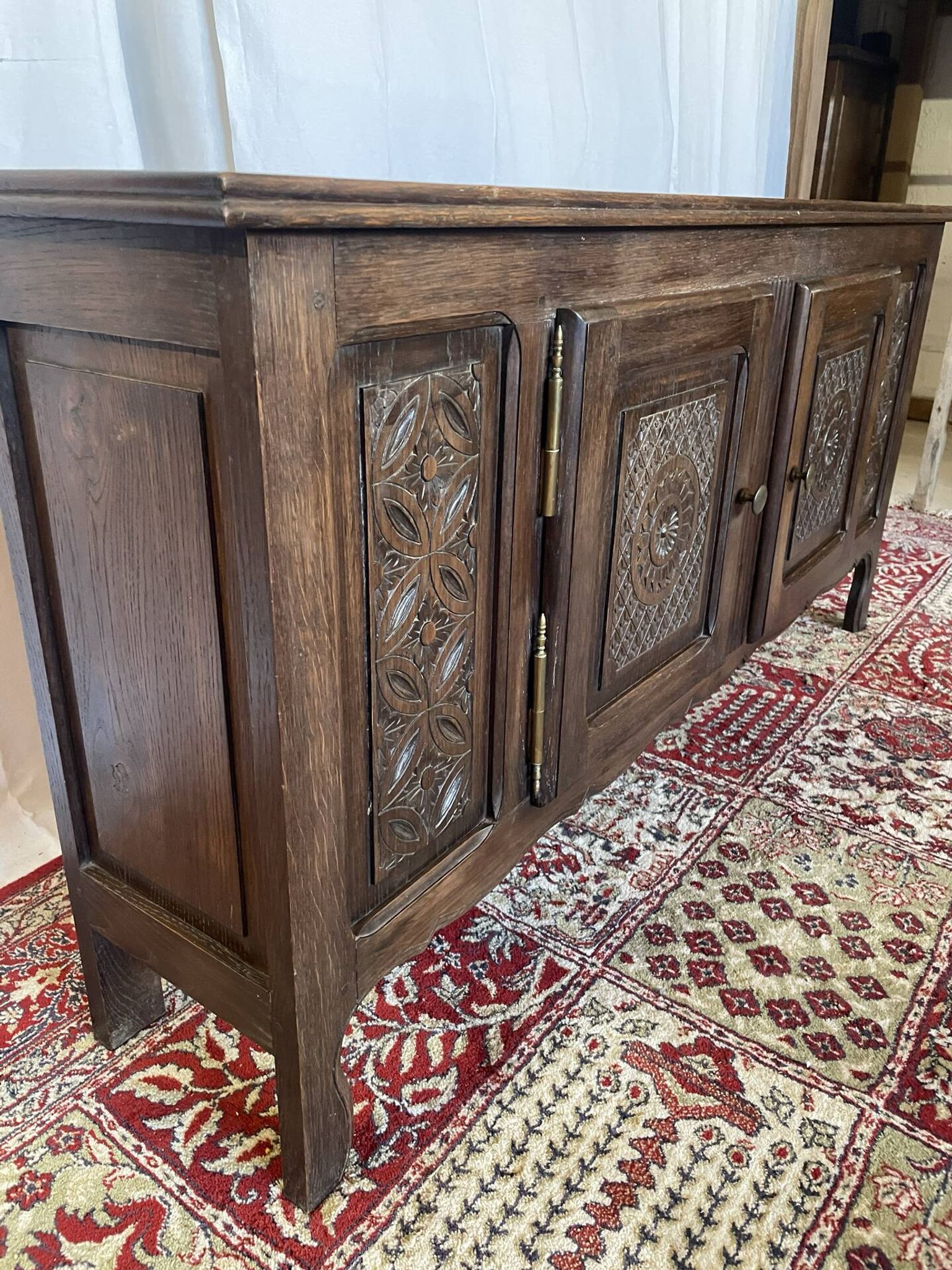 Vintage low sideboard in carved solid oak, Basque style.