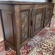 Vintage low sideboard in carved solid oak, Basque style.