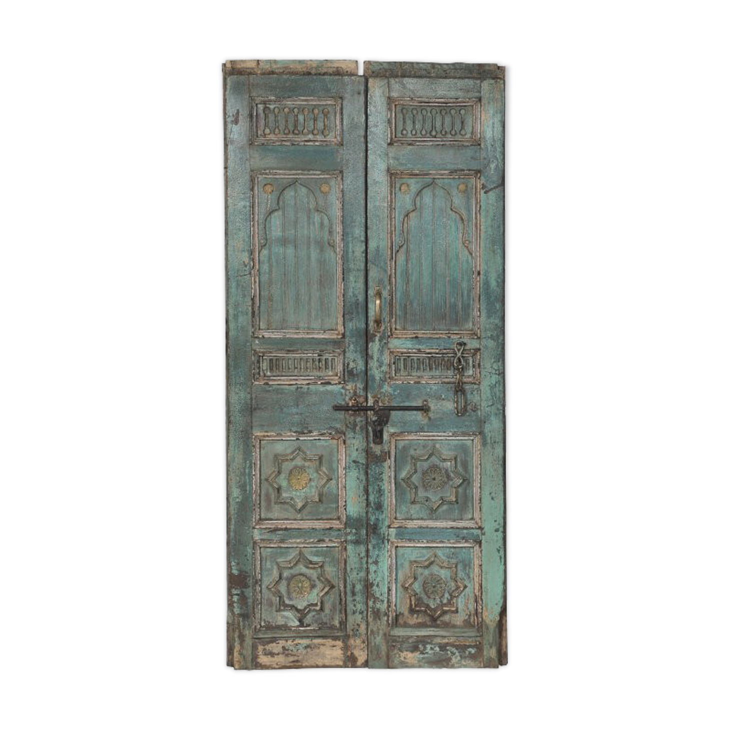 Old indian door green piece and patina of origin 120x20x200cm