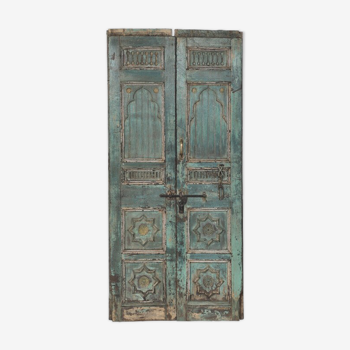 Old indian door green piece and patina of origin 120x20x200cm