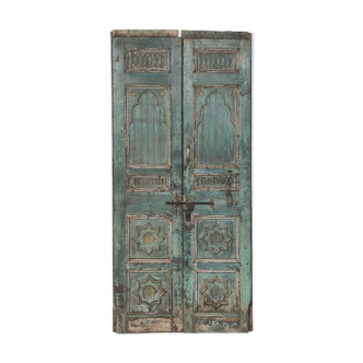 Ancienne porte indienne verte piece et patine d'origine 120x20x200cm