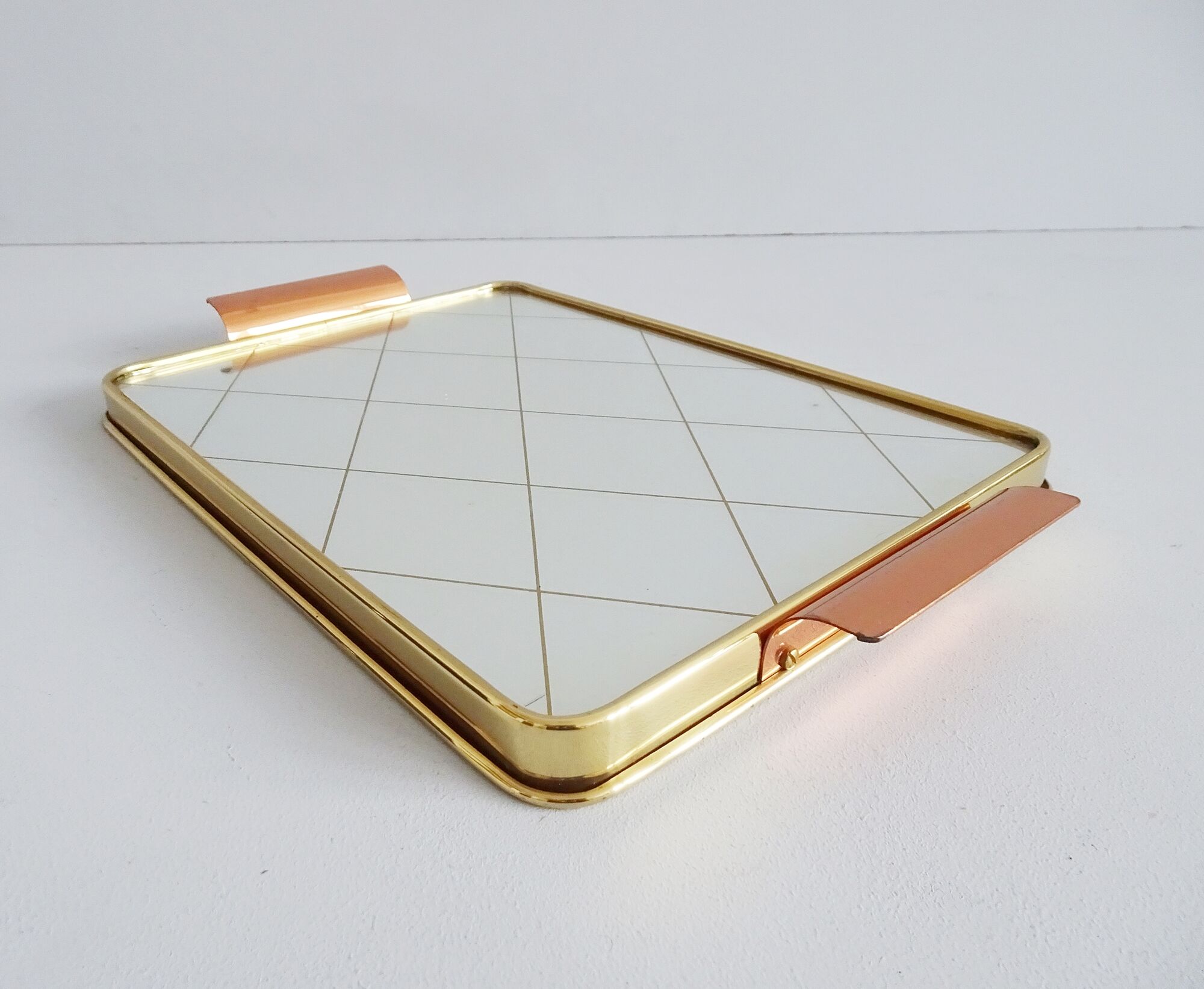 Mirror tray with diamond pattern made of brass and copper, 50