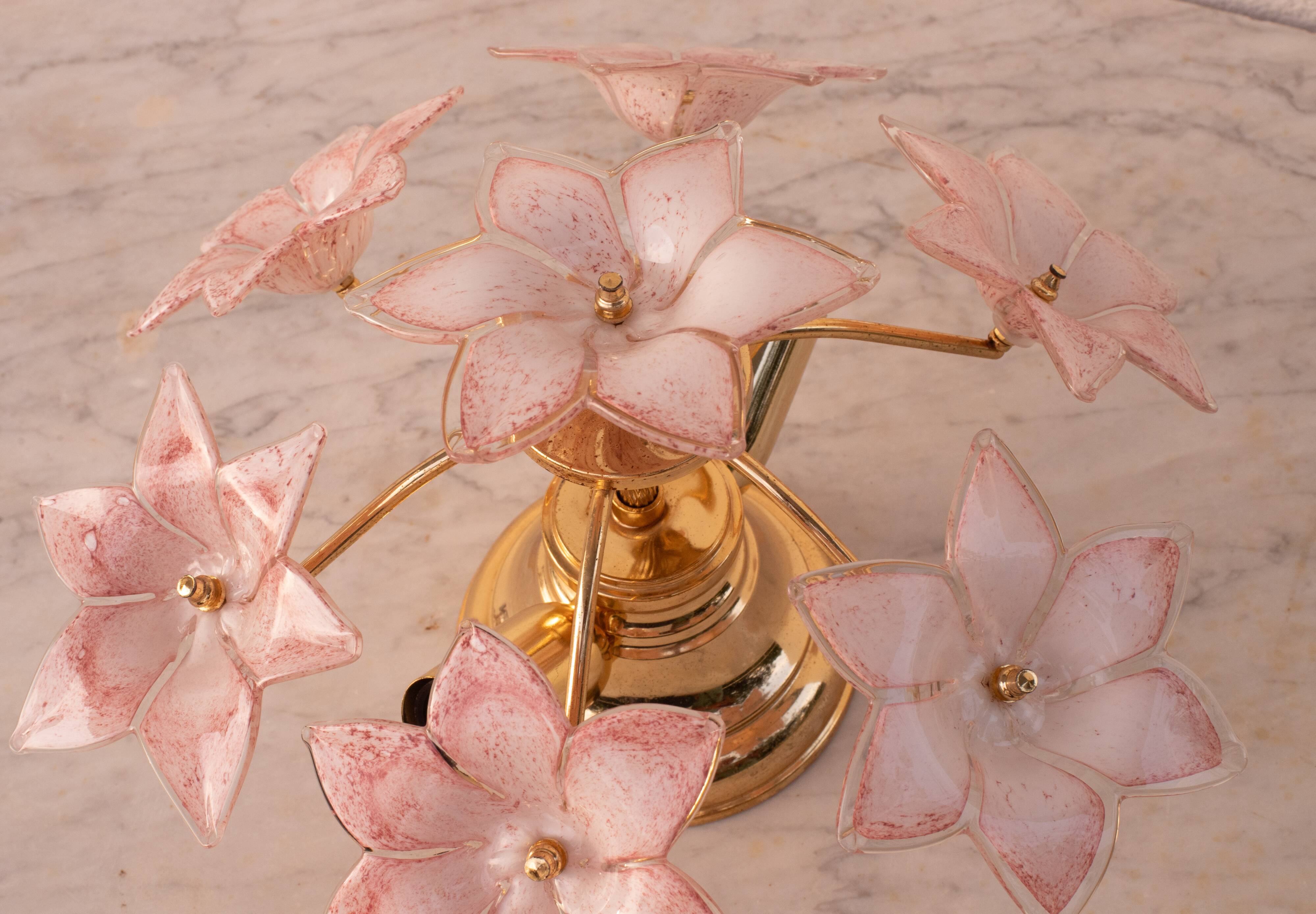 Lovely Murano Vintage Ceiling Light Pink Flowers, 1970s
