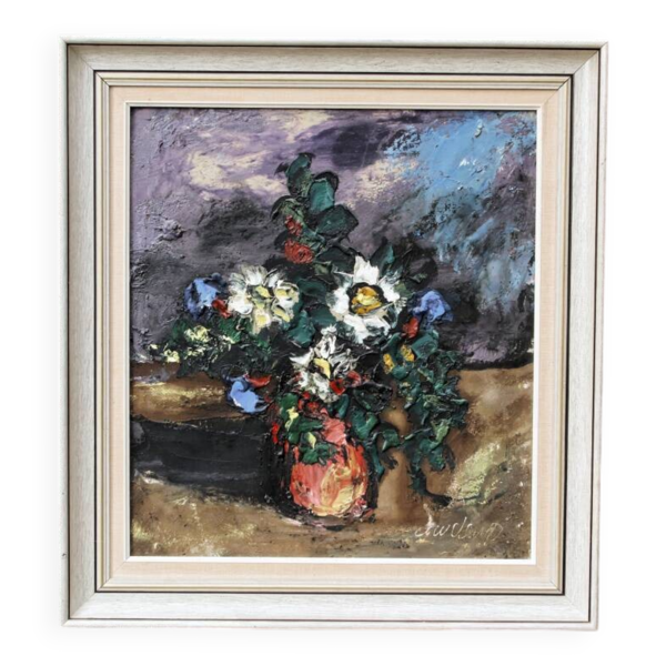 Huile sur toile, bouquet de fleurs, signé