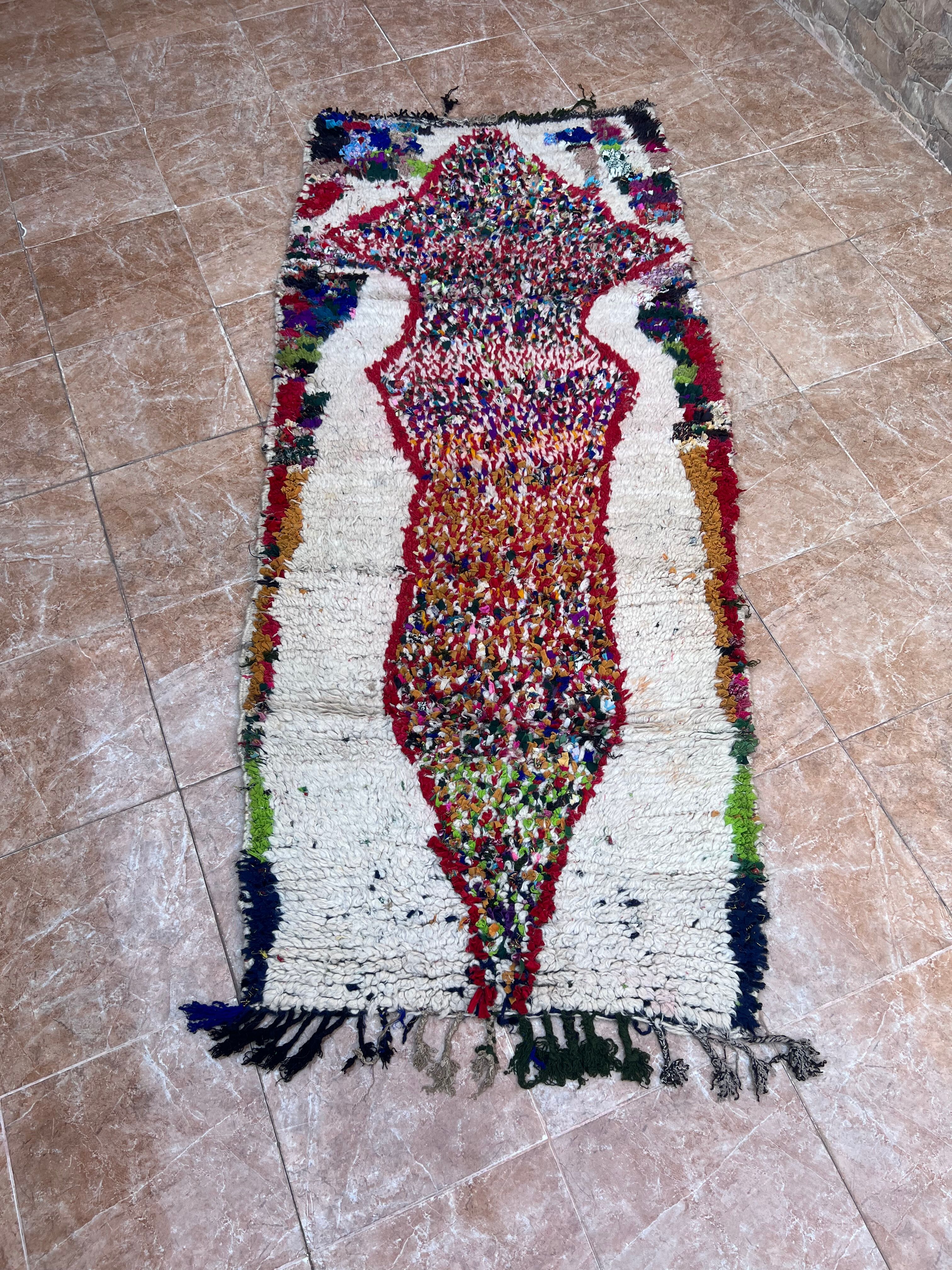 Vintage Boujaad wool table runner: red and black Moroccan rug.