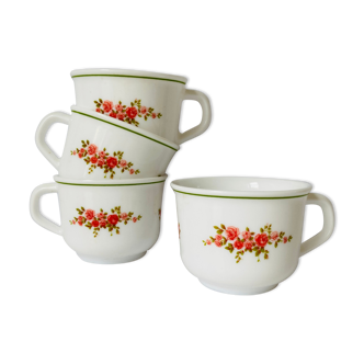 Set 4 tasses à café à motif floral rouge et vert  des années 80 ARCOPAL en verre blanc