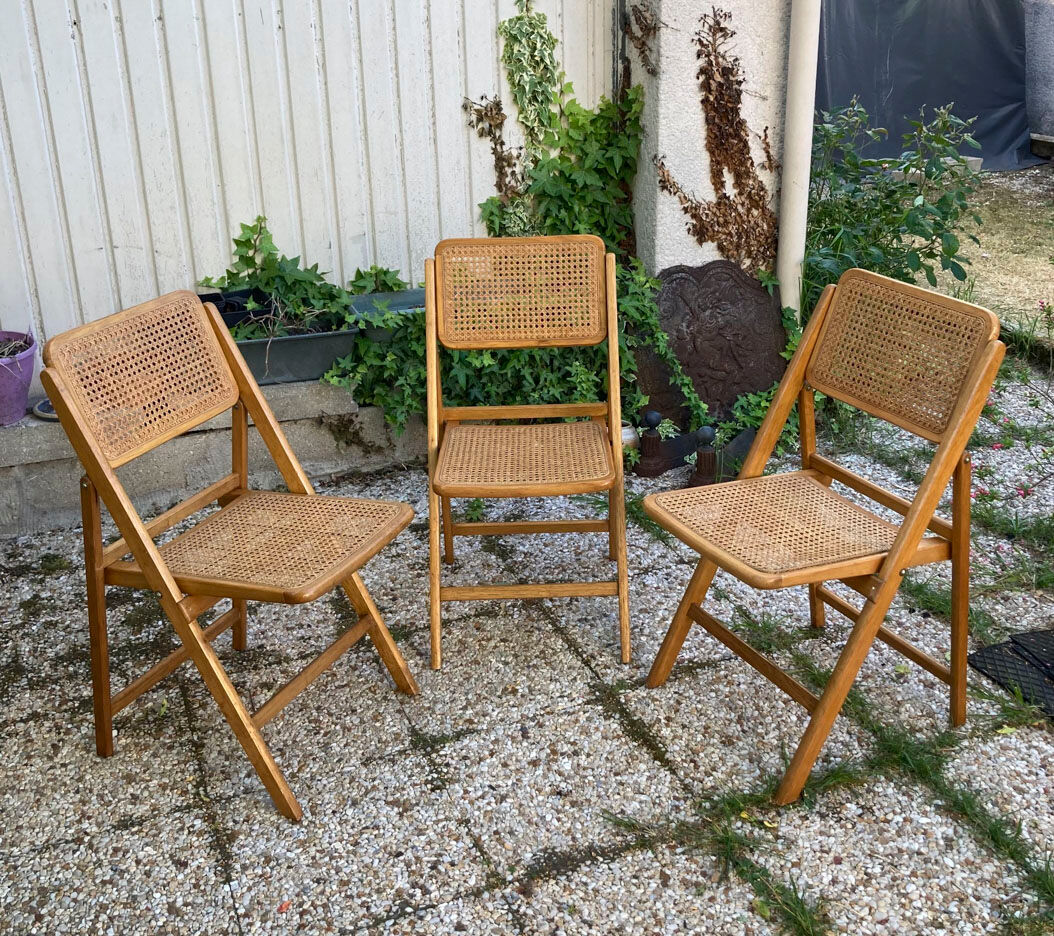 Lot de 3 chaises pliantes en bois et cannage