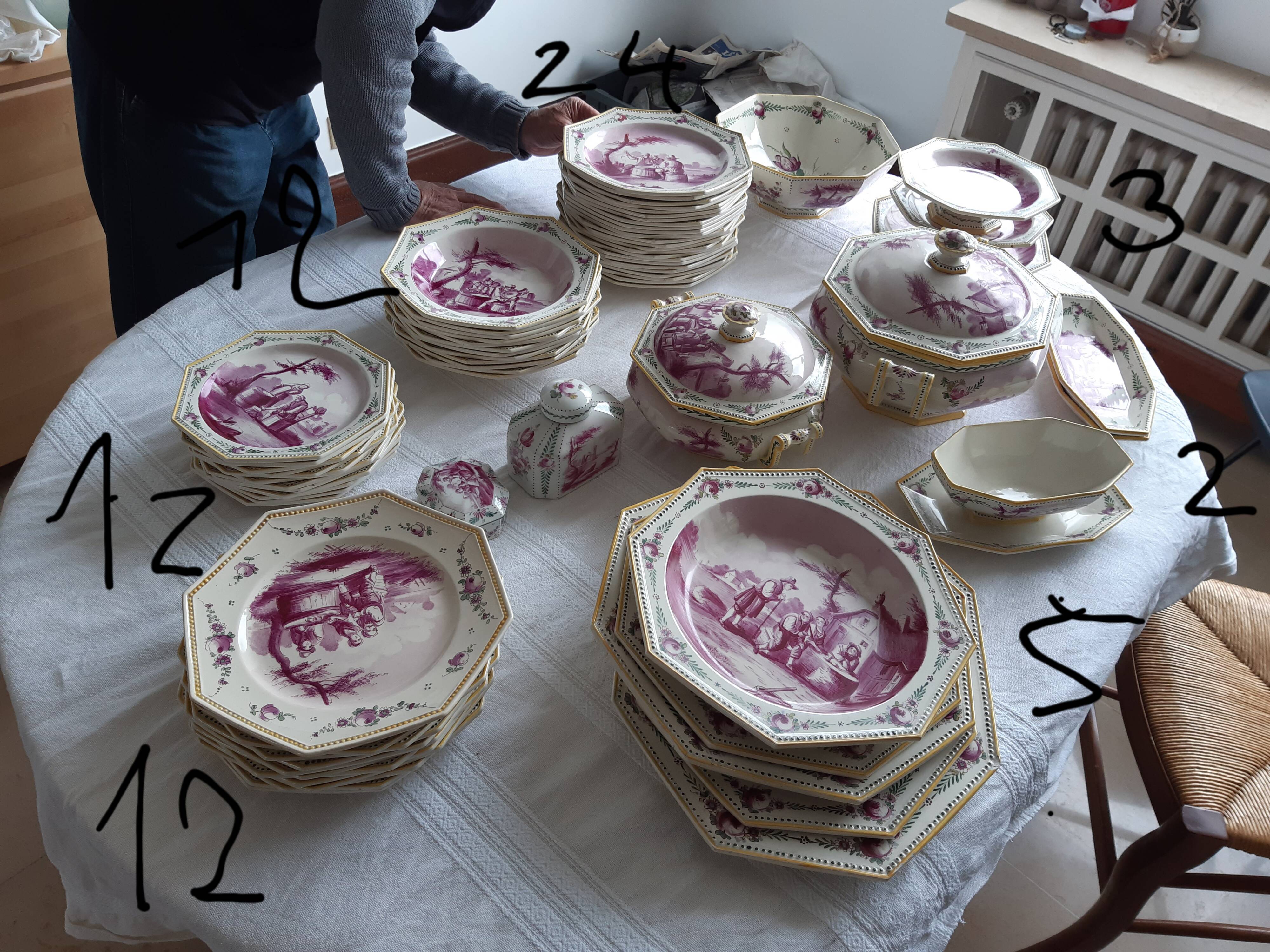 18th century antique hand-painted tableware set from Tournay