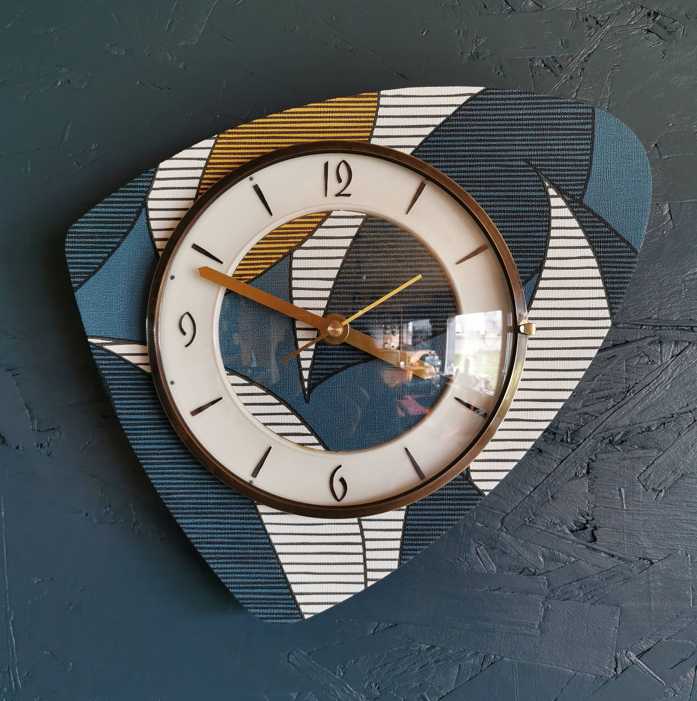 Vintage silent wall pendulum clock from the 60s asymmetrical "Striped blue white ocher"