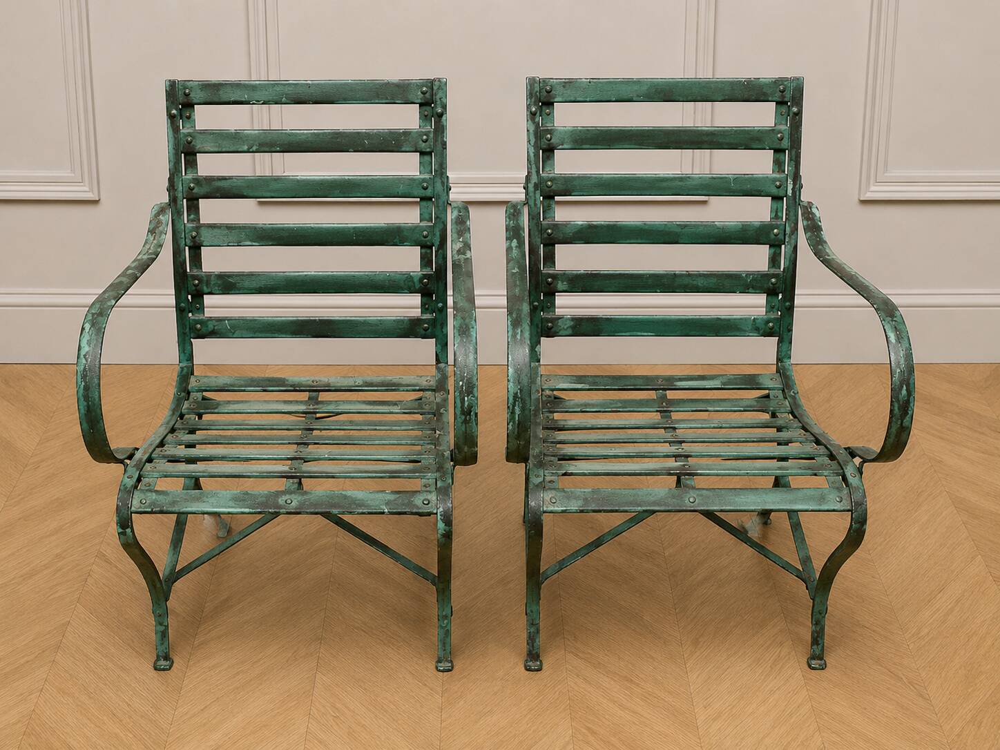 Pair of garden armchairs in wood and iron – Antique work from the late 19th century
