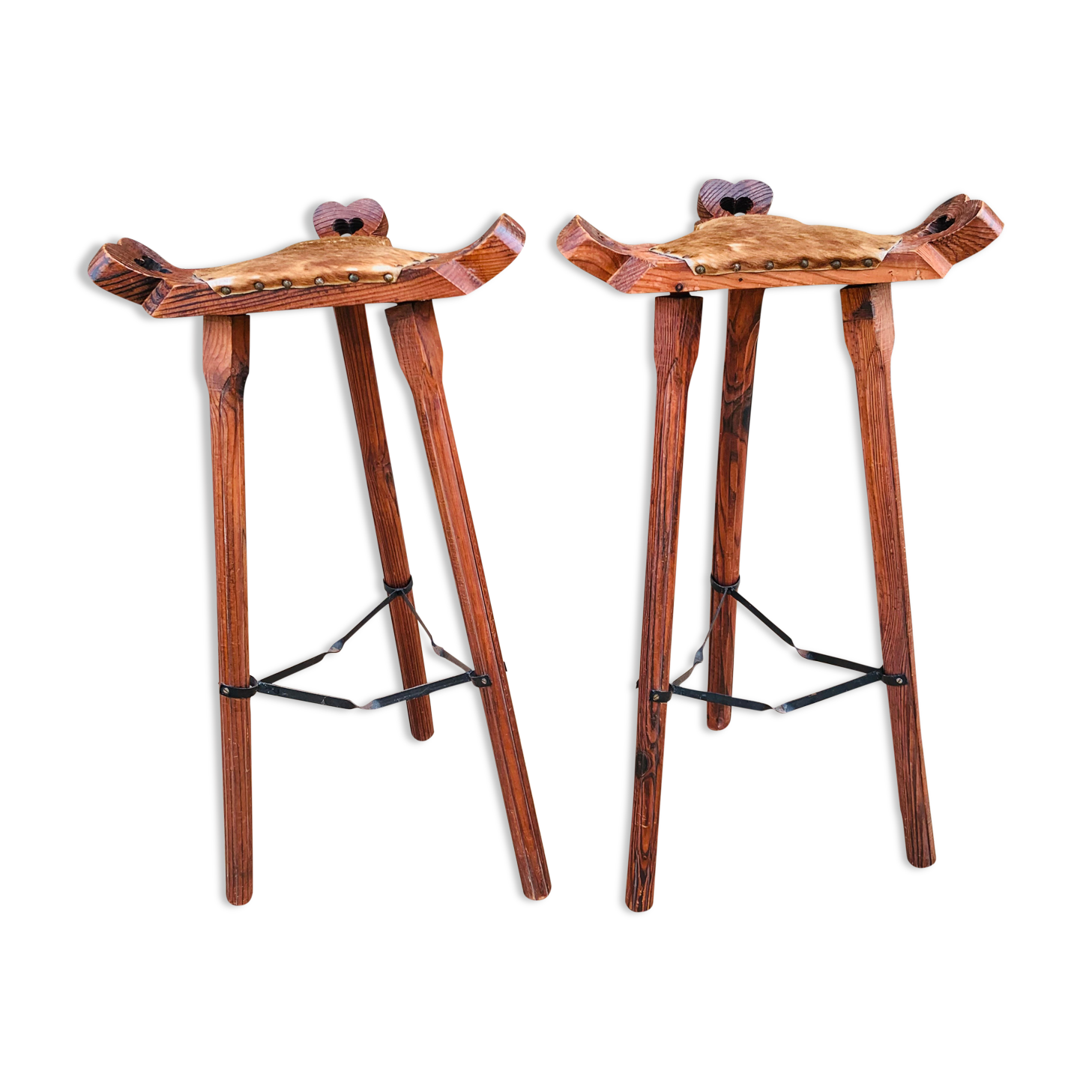 Set of 2 vintage high stools in cowhide and wood
