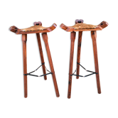 Ensemble de 2 tabourets hauts vintage en cuir de vache et bois