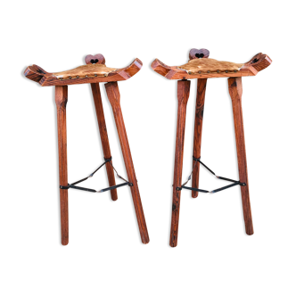 Set of 2 vintage high stools in cowhide and wood