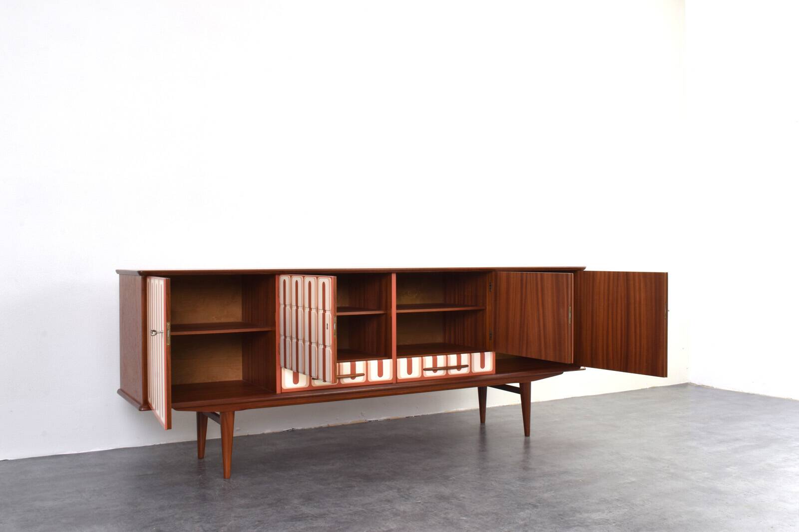 Mid-Century Op-Art Hand-Painted Teak Sideboard