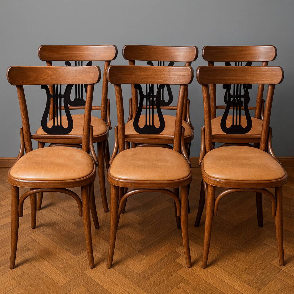 Set of 6 vintage curved wooden chairs, adorned with an elegant black lyre-shaped backrest.