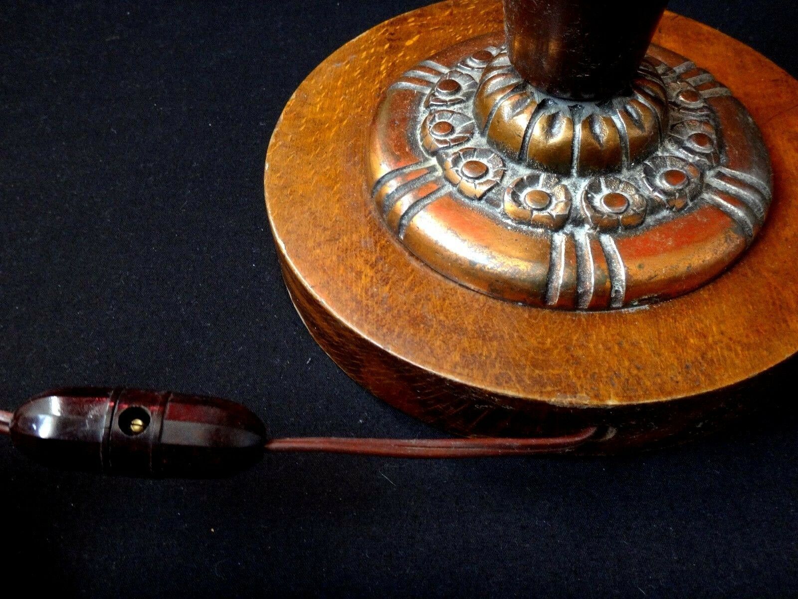 Art deco lamp foot wood copper stylized flowers 1925 design 52cm