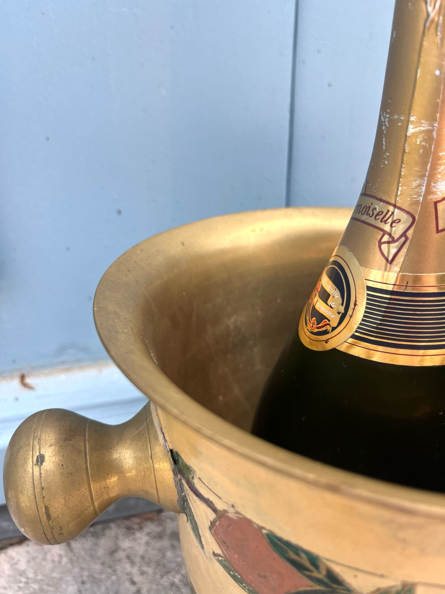 French Brass Cloisonné Style Champagne Bucket with Hand-Painted Fruit