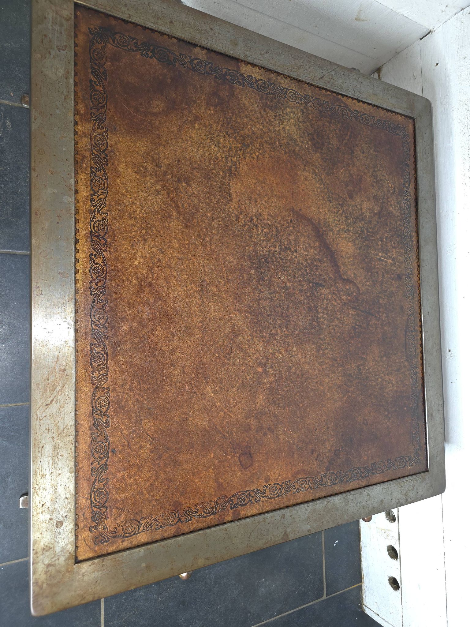 Vintage steel and leather coffee table