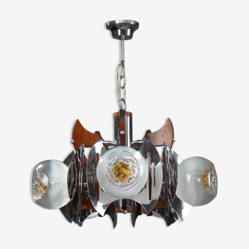 Mazzega chandelier in wood, chrome and murano glass