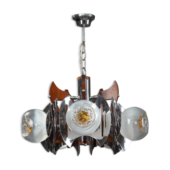 Mazzega chandelier in wood, chrome and murano glass
