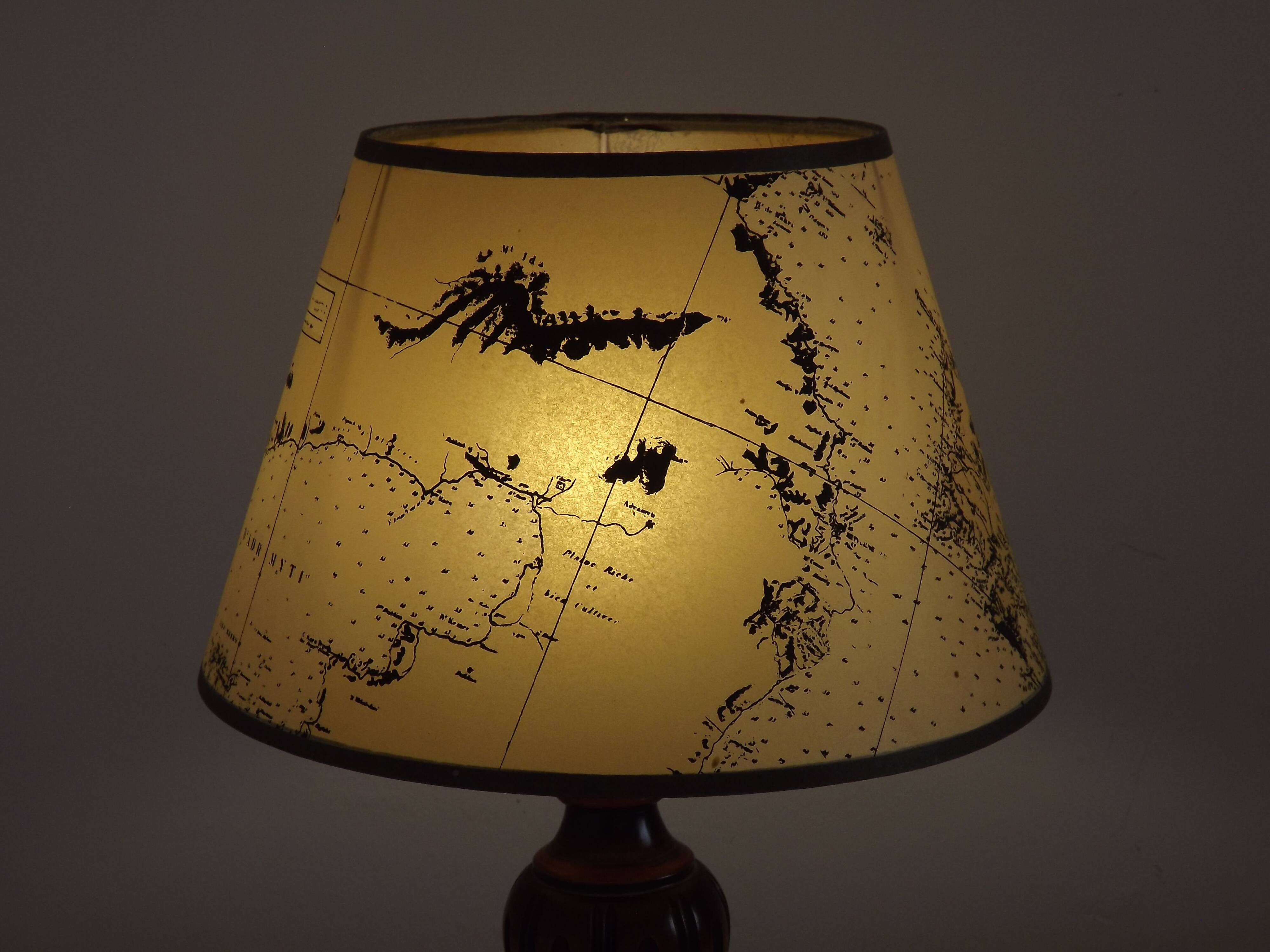 French Mid Century Round Turned Wood Grooved Table Lamp Map Detail Shade