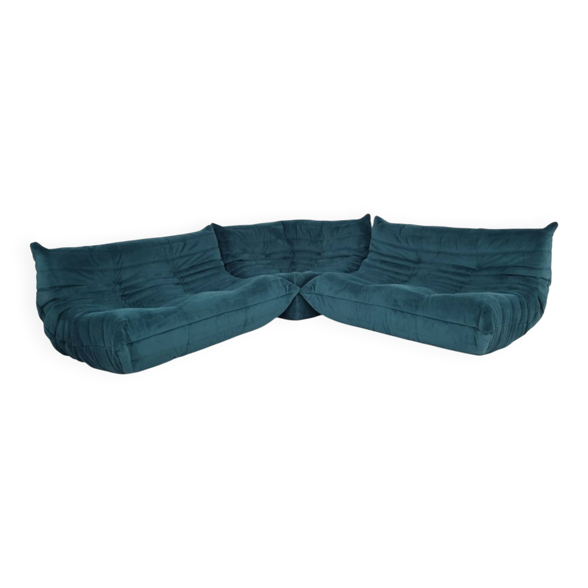 Ensemble Ligne Roset Togo 3 pièces en velours bleu canard .