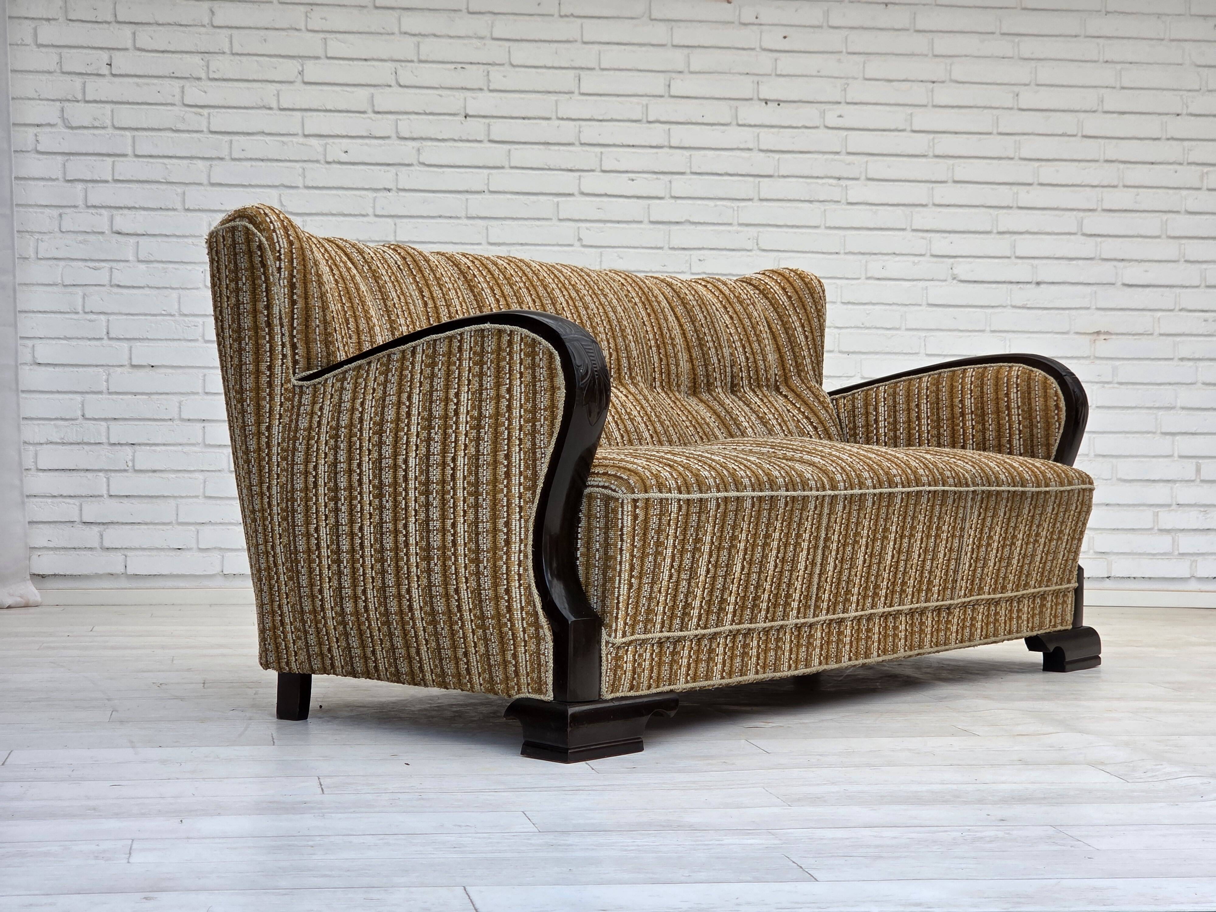 1960s, Danish 3-seater sofa, original, brown furniture wool, beech wood.