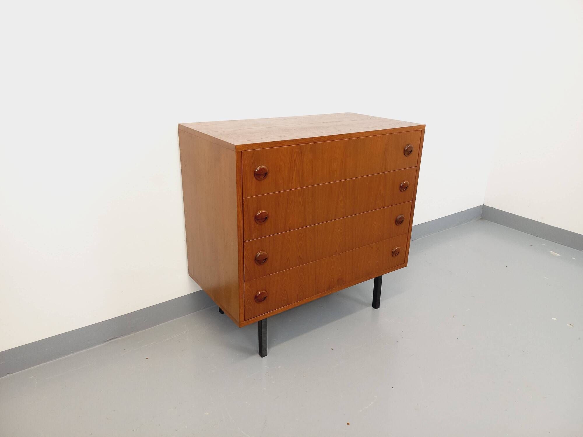 Vintage Scandinavian style chest of drawers in teak and black metal from the 60s