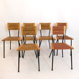 Suite of 6 chairs, wood straw and metal from the 50s