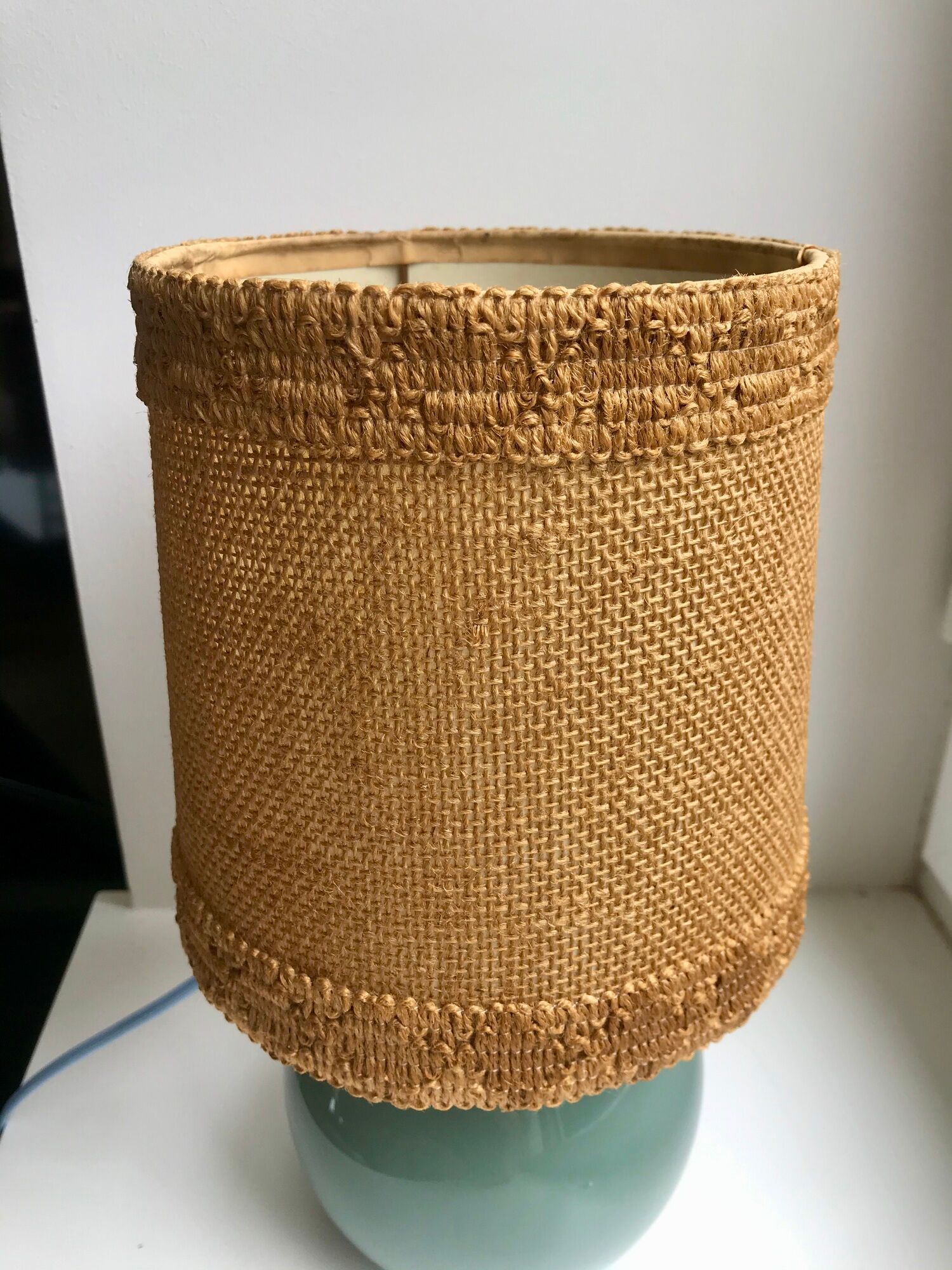 Table lamp with feet in water green opaline and woven lampshade 60s-70s