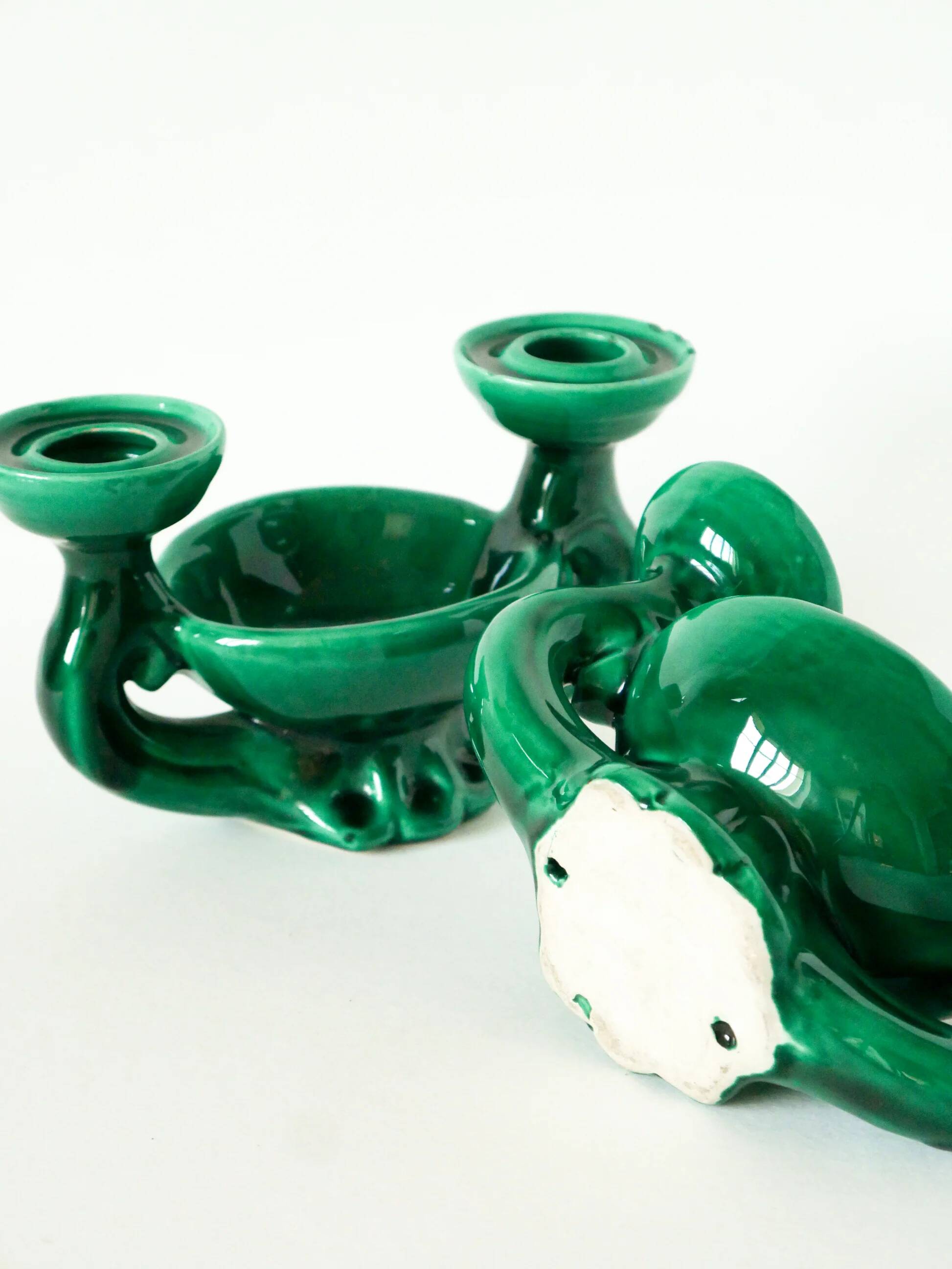 Paire de bougeoirs en céramique avec vide-poche intégré, vert, 1960