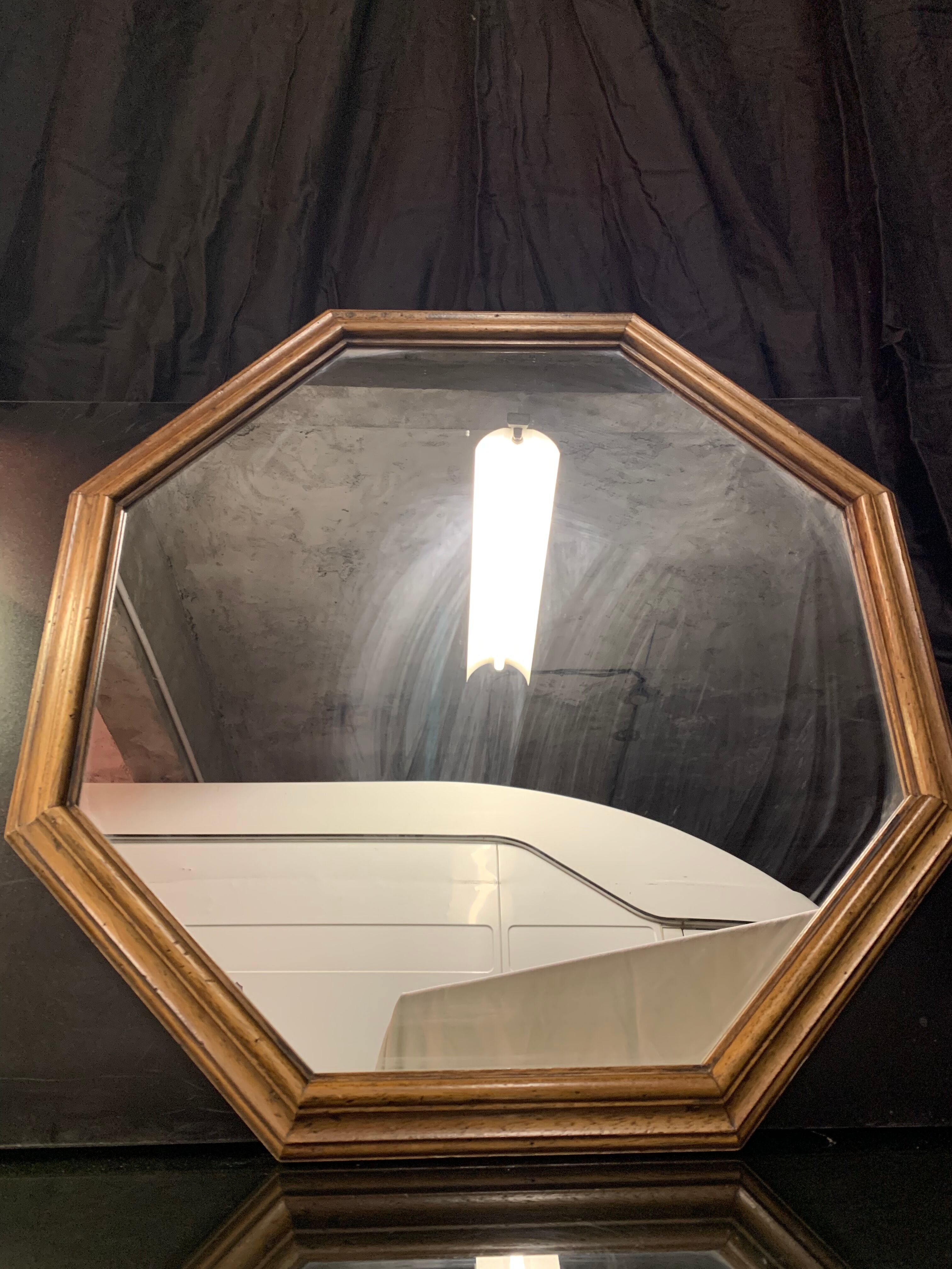 Octagonal vintage wooden mirror