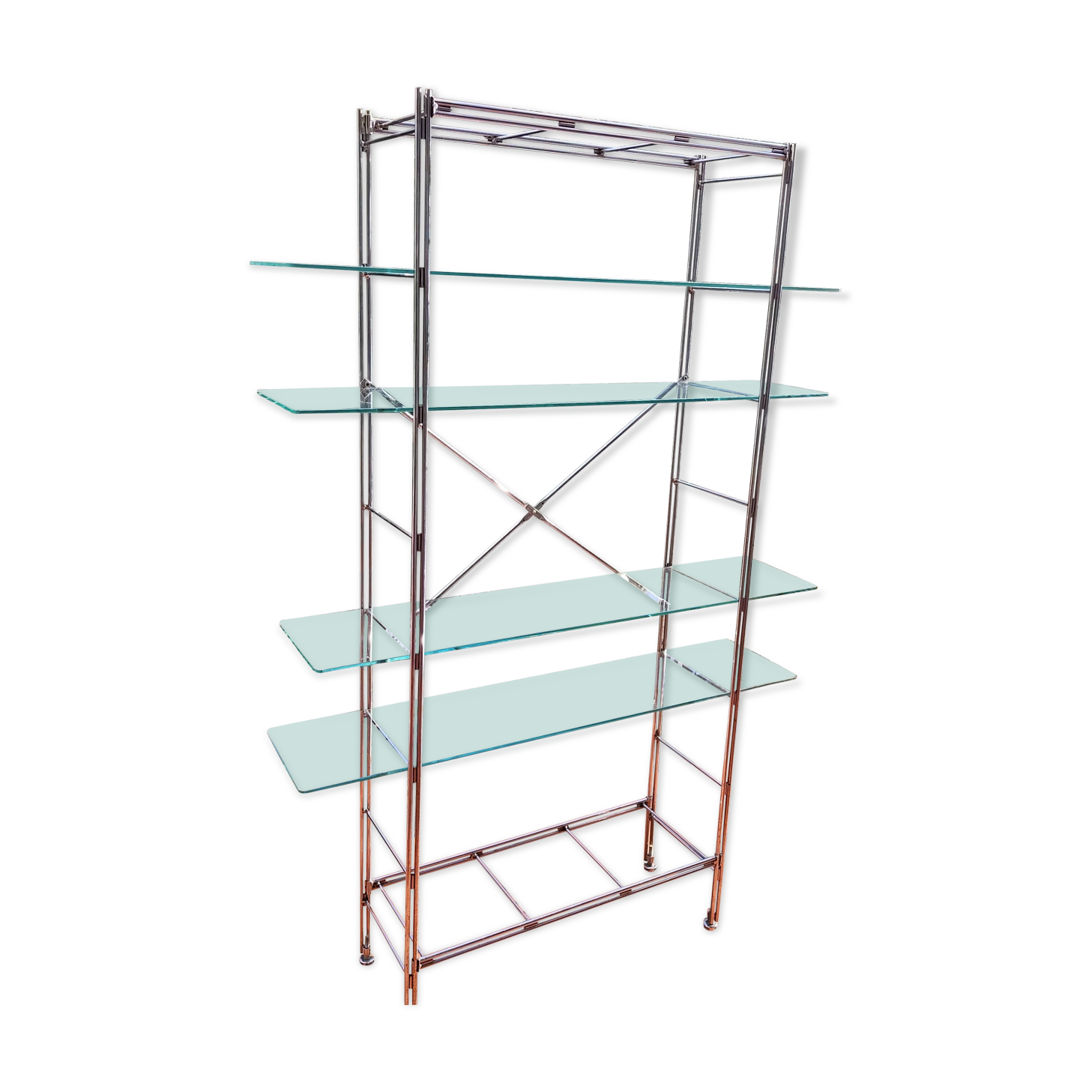 Modular metal chrome and vintage glass shelves from the 1970s.