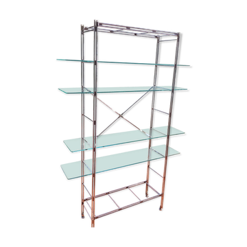 Bibliothèque étagères modulables métal chromé et verre vintage 1970