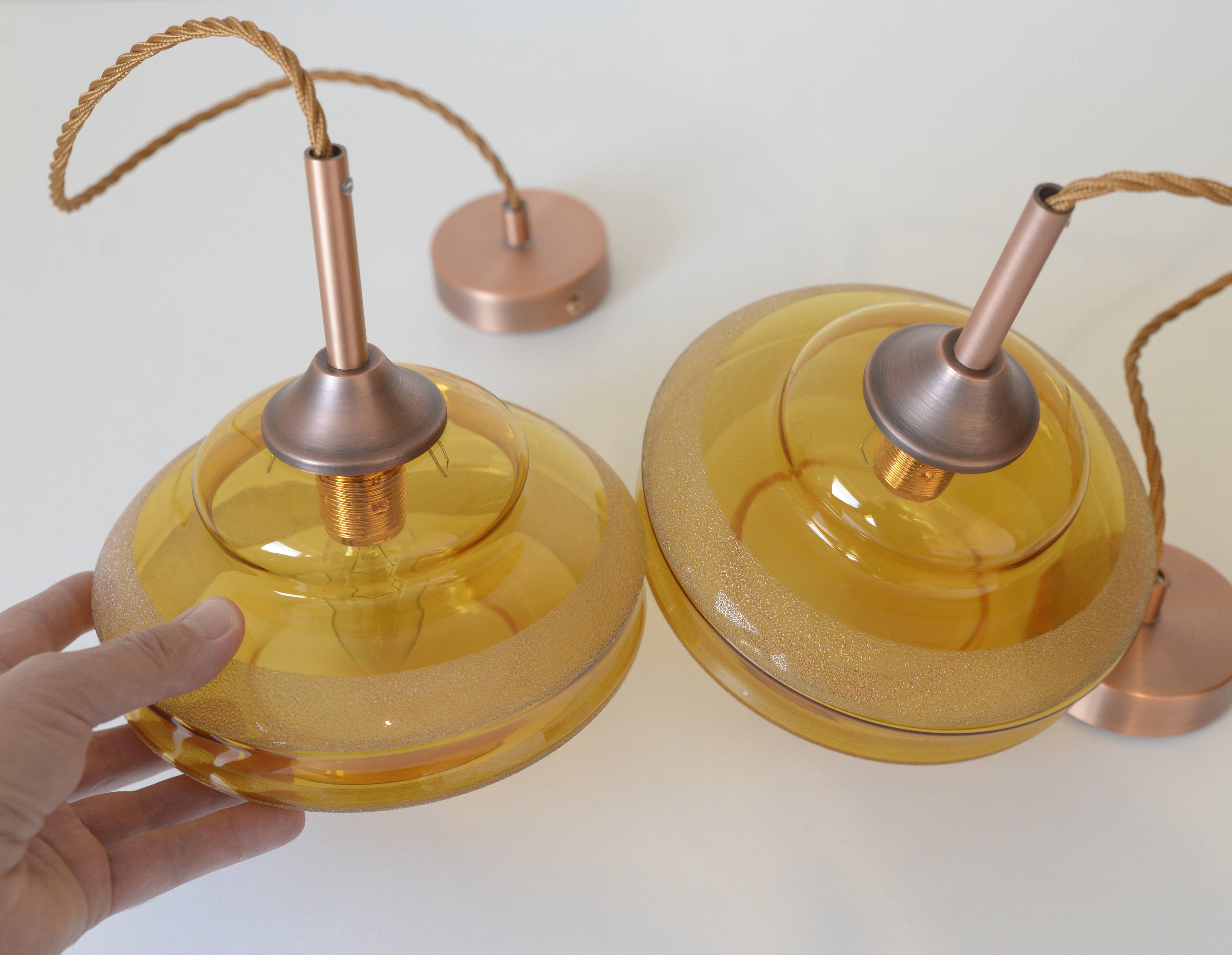 1 of 2 hand blown amber glass pendant lamp / redesign vintage hanging light