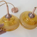 1 of 2 hand blown amber glass pendant lamp / redesign vintage hanging light
