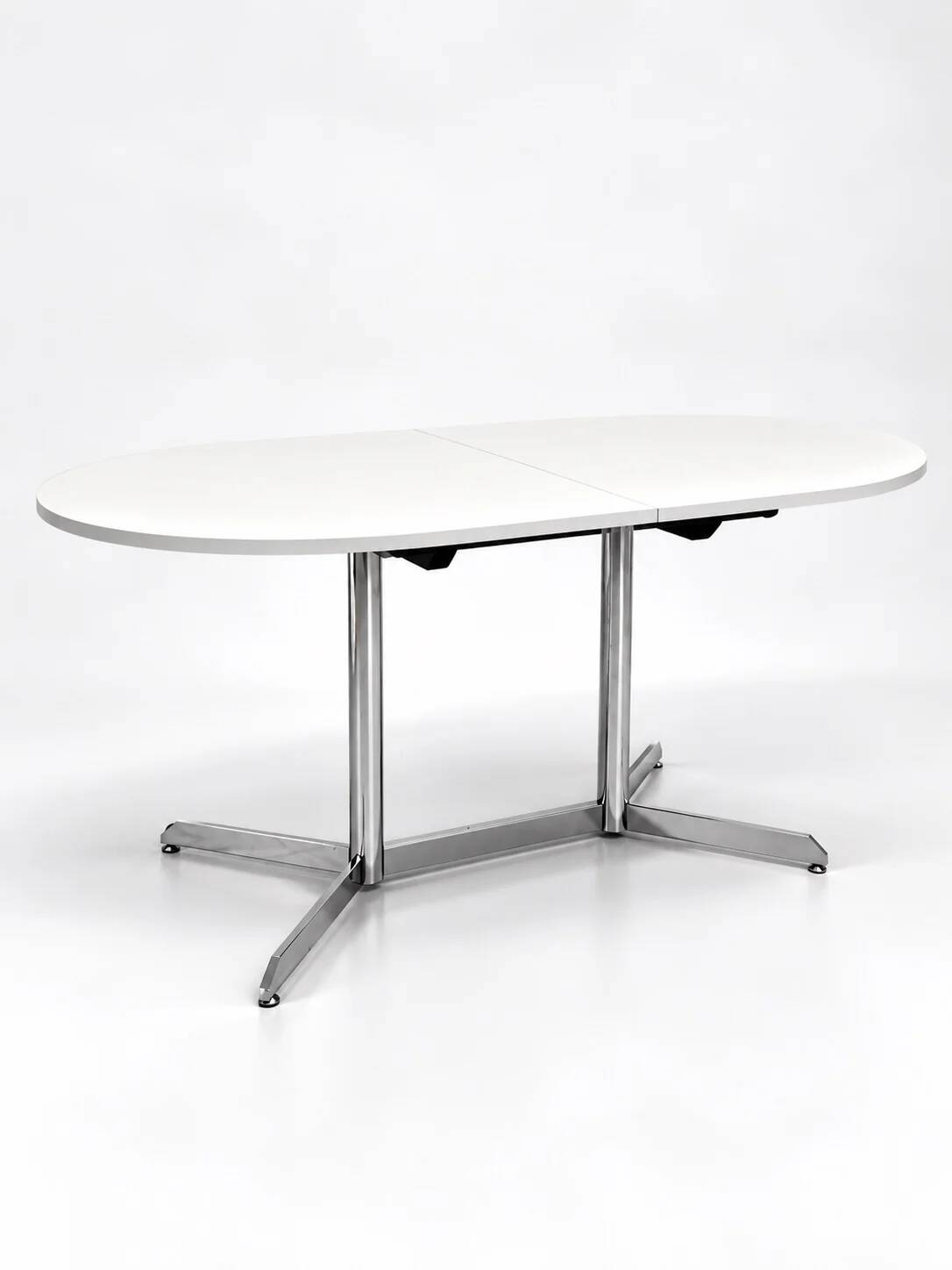 Vintage oval extendable dining table, white laminate and chrome, 1970s.