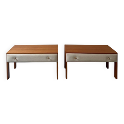 Paire de chevets modernistes en bois et cuir blanc, Roger Landault 1950