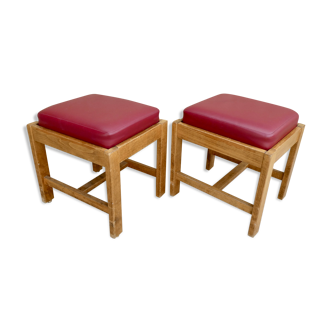 Pair of pine stools and red skai seat