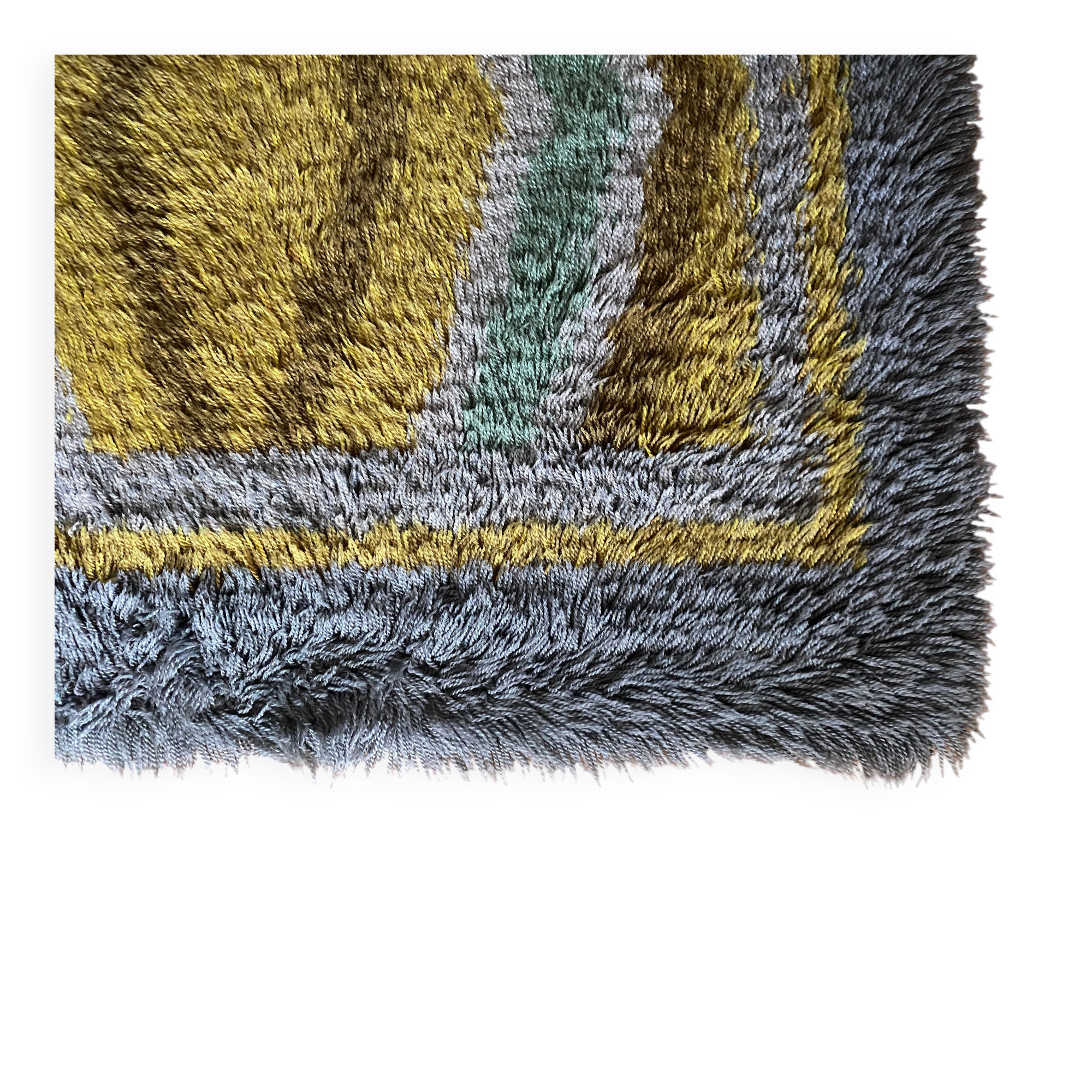 Mid-century Modern High Pile, Yellow, Aquamarine & Grey Rya Rug, Sweden, 1960s