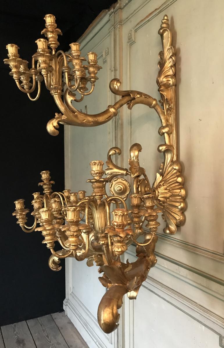 Pair of monumental wall light in golden wood