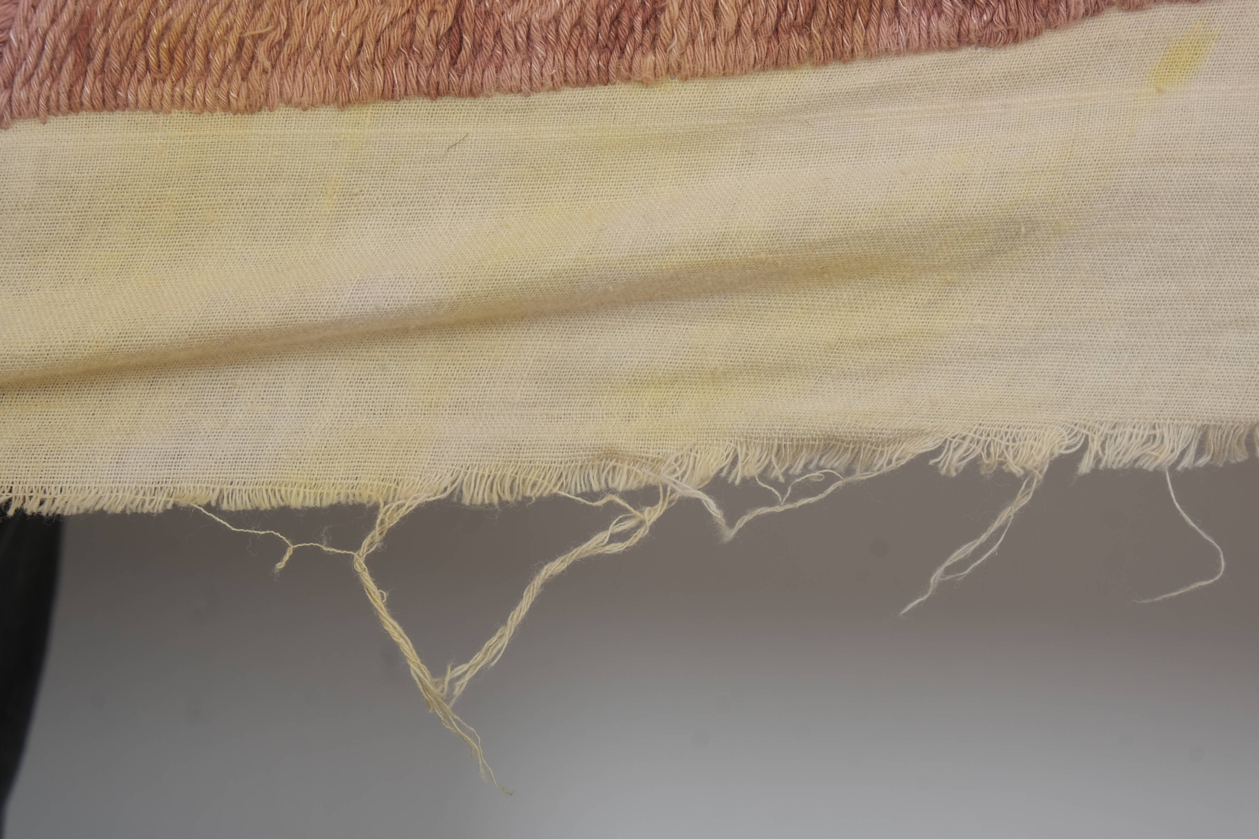 Embroidered tan suzani table cover, vintage tan and pink old embroidery textile