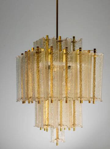 Chandelier in brass and structured ice glass, 1950s, Austria