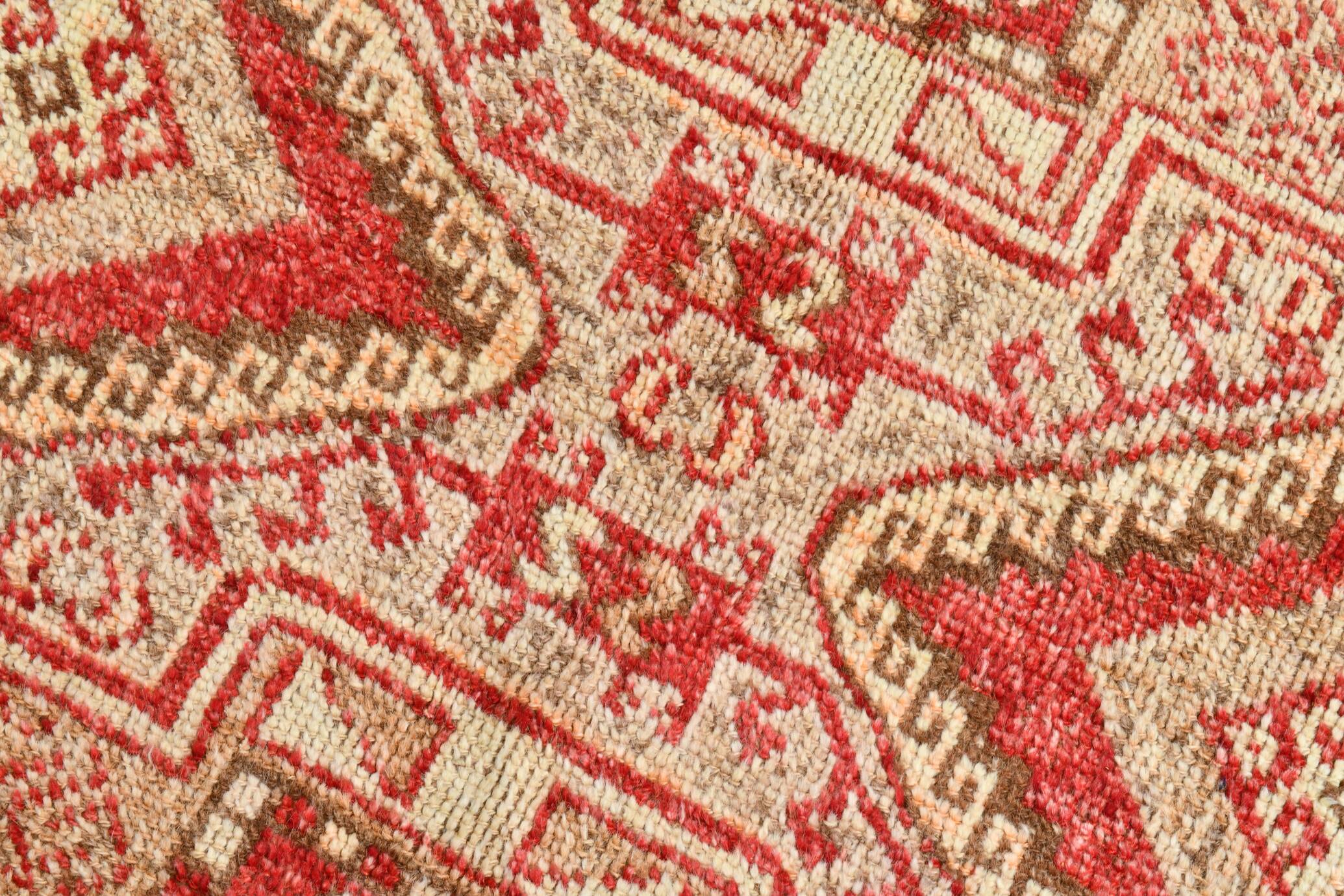 Tarecotta Red & Beige Long Wide Kilim Rug, Ethnic Patterned Rug, 141x309 Cm