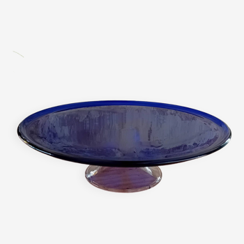 Plat a tarte sur pied en verre style bleu de Murano