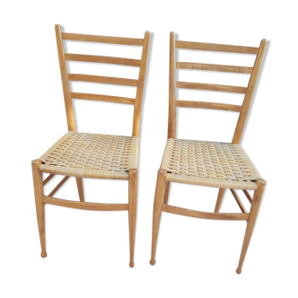 Paires de chaises  corde et bois années 50 Italie