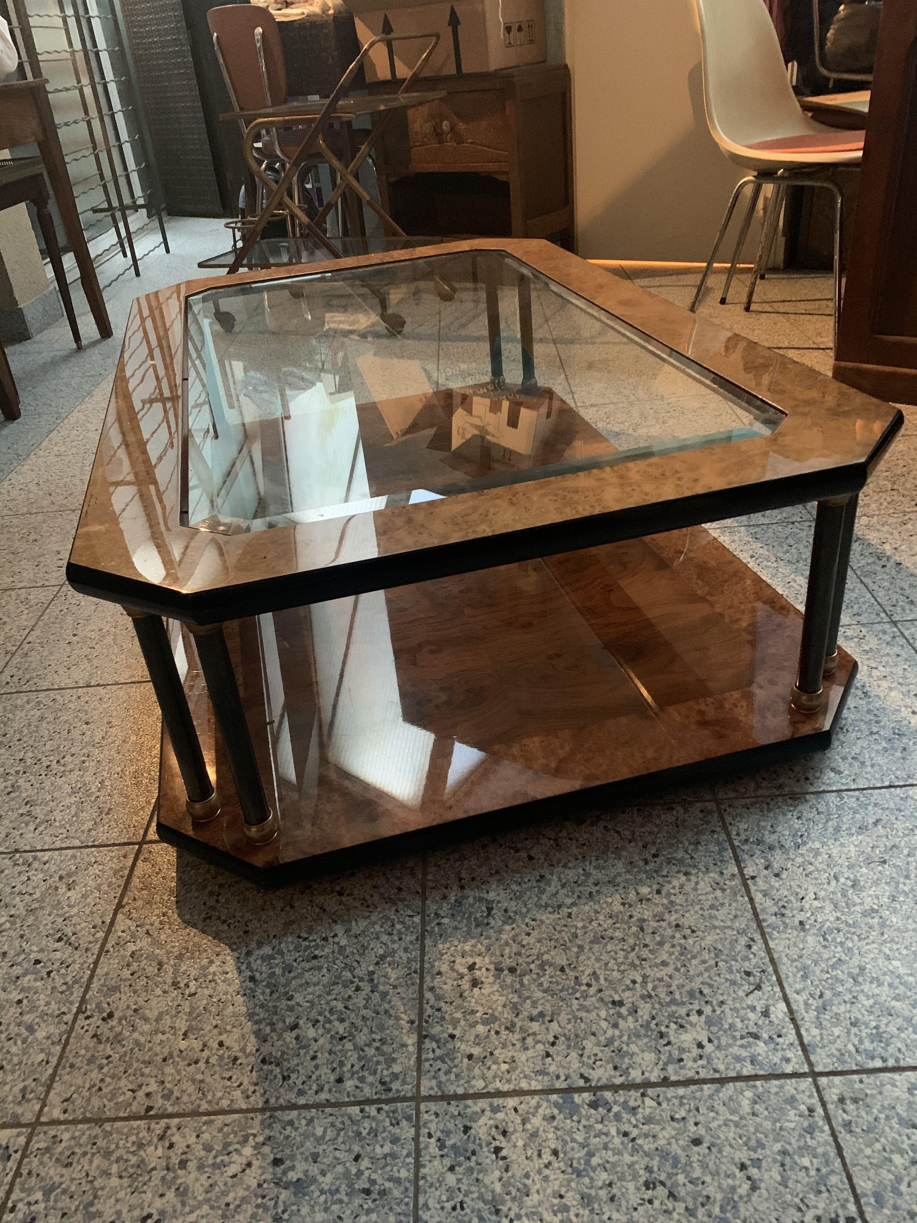 Vintage coffee table elm magnifying glass and glass